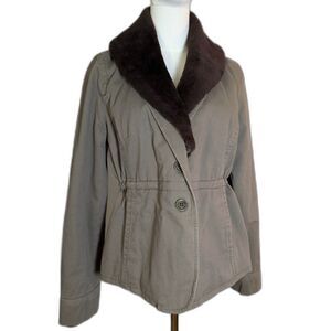J.Crew Khaki Utility Jacket Removable Shearling Collar Waist Tie Women’s Size 6